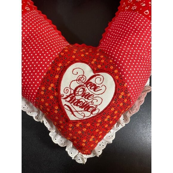 Vintage Handmade Patchwork Heart Pillow Strawberries Patch Love Ruffles 17” - Picture 3 of 9